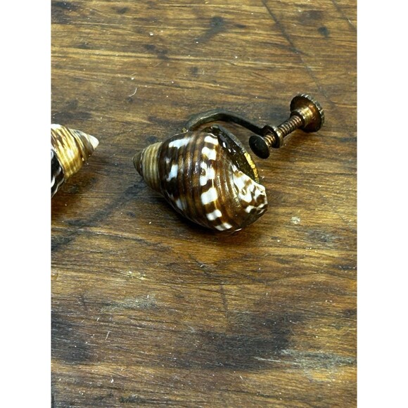 Vintage Seashell Screw-on Earrings Brown White Speckled - Picture 3 of 6